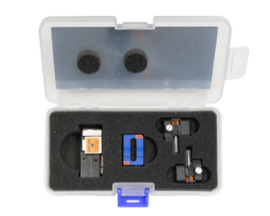 Sumitomo Electric replaceable v-groove kit for 16 fiber, 200 micron splicing. Kit includes one set of 16-fiber holders, one v-groove block and one pair of replacement electrodes.